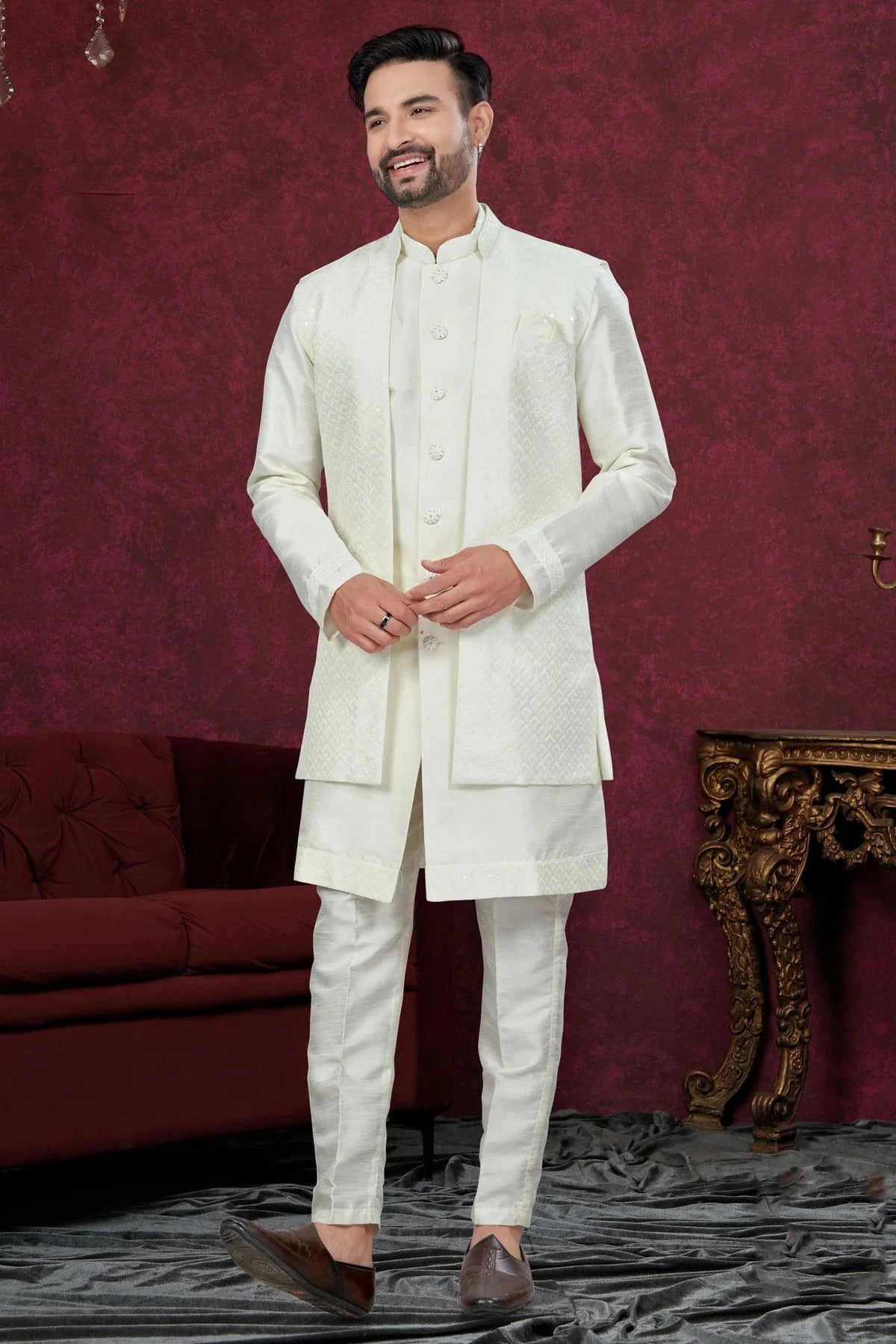 Off White Silk Dupion Sherwani NCSH10410216