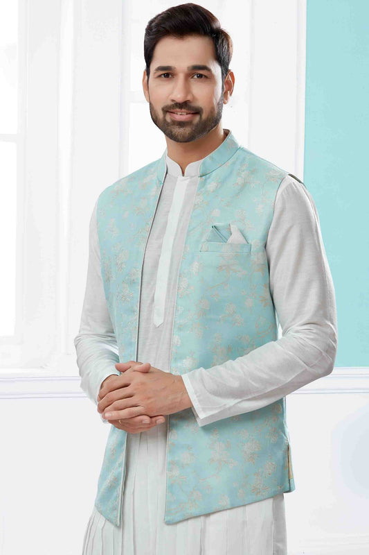 Off White Sky Blue Indo Western In Silk Dupion  NCSH10410559