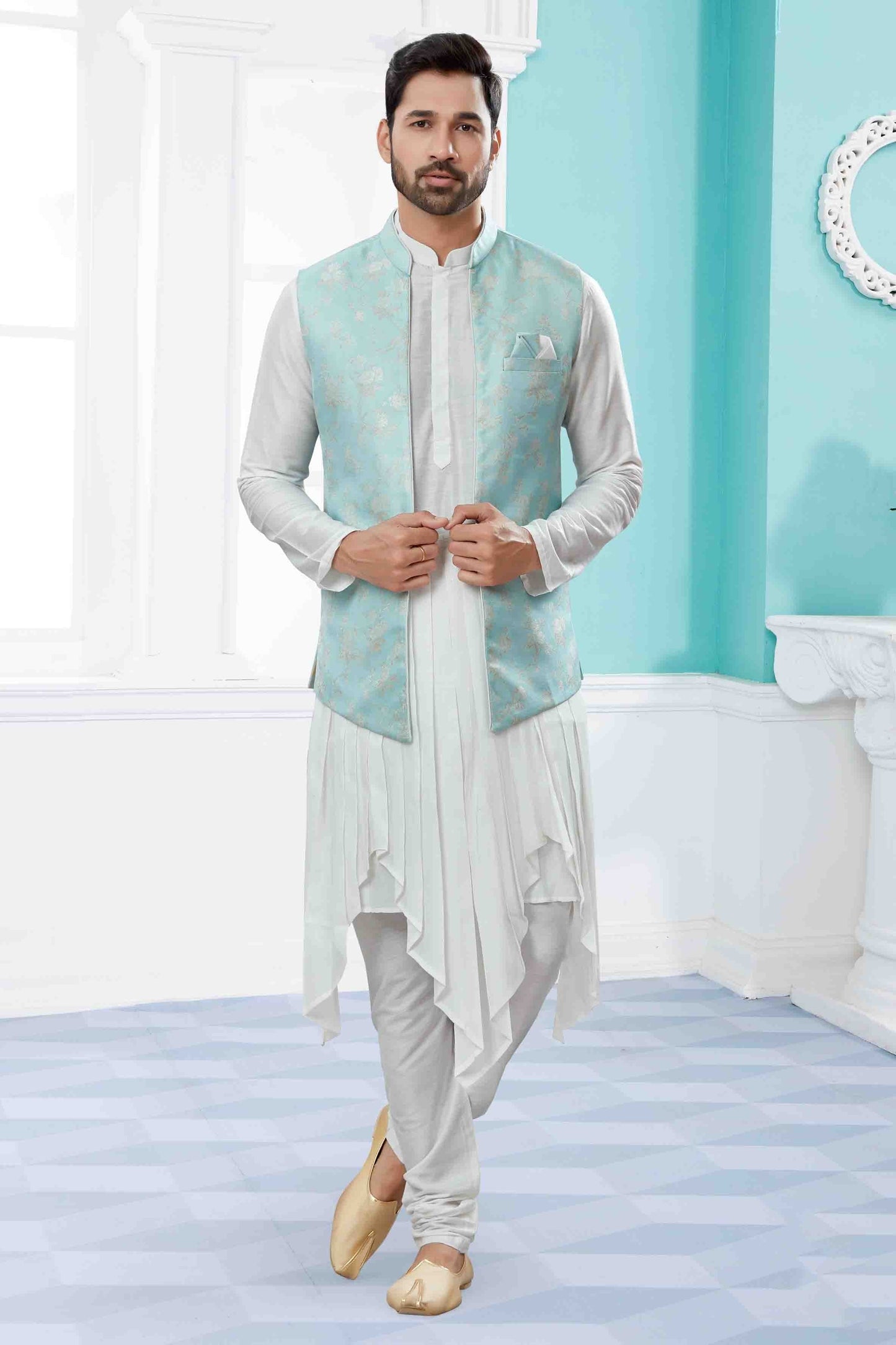 Off White Sky Blue Indo Western In Silk Dupion NCSH10410559