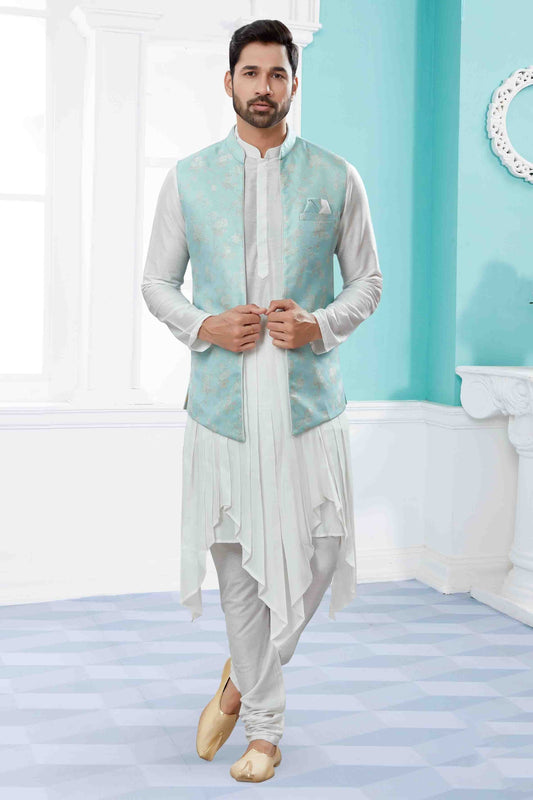 Off White Sky Blue Indo Western In Silk Dupion NCSH10410559