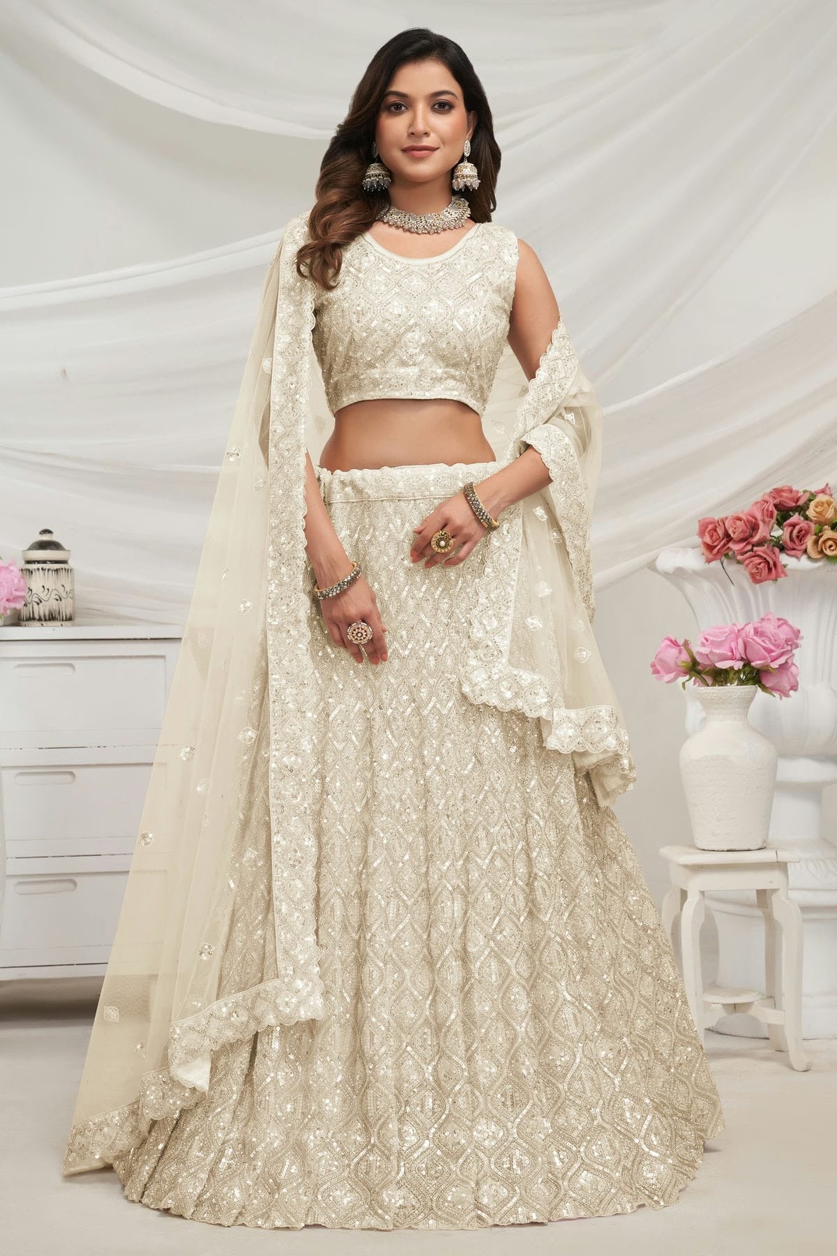 Off White Soft Net Lehenga Choli NCLC10310120