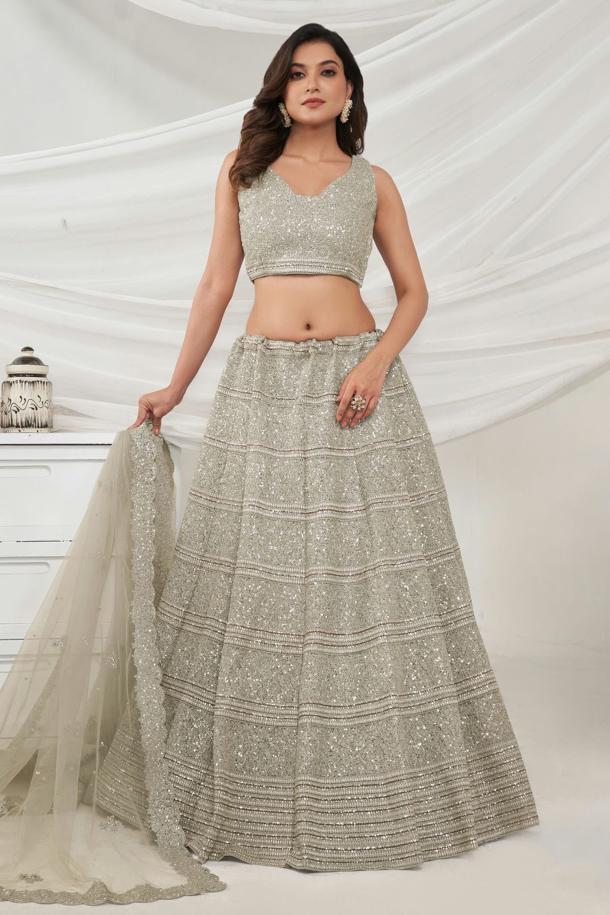 Off White Soft Net Lehenga Choli NCLC10310126