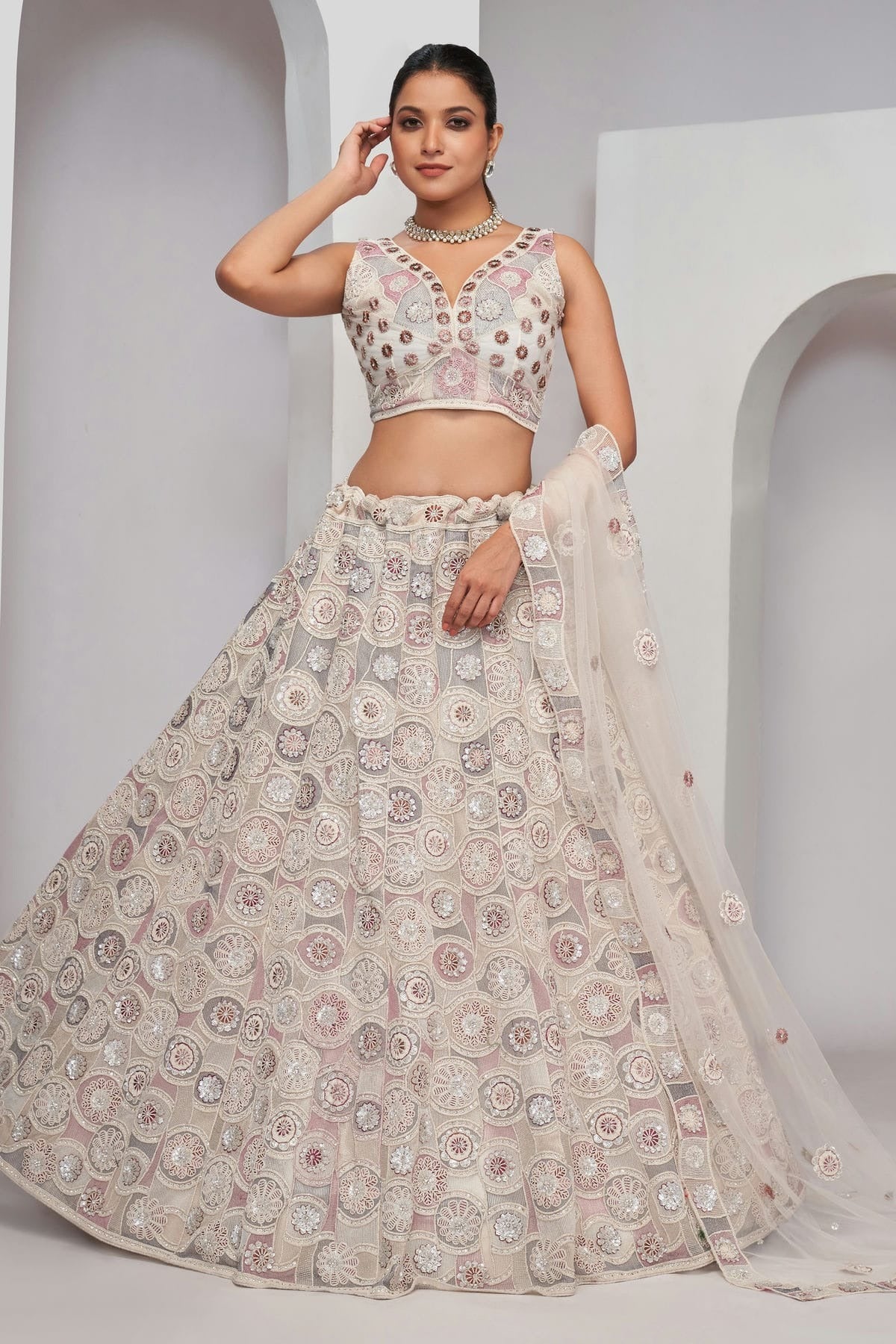 Off White Soft Net Lehenga Choli NCLC10310132