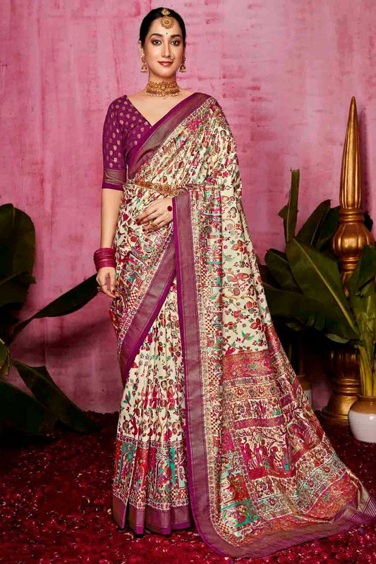 Off White Tussar Silk Polka Dot Printed Saree NCSD11110263
