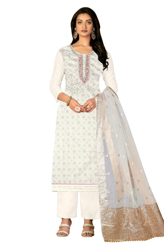 Off White Unstitched Modal Silk Straight Suit NCUS11610325