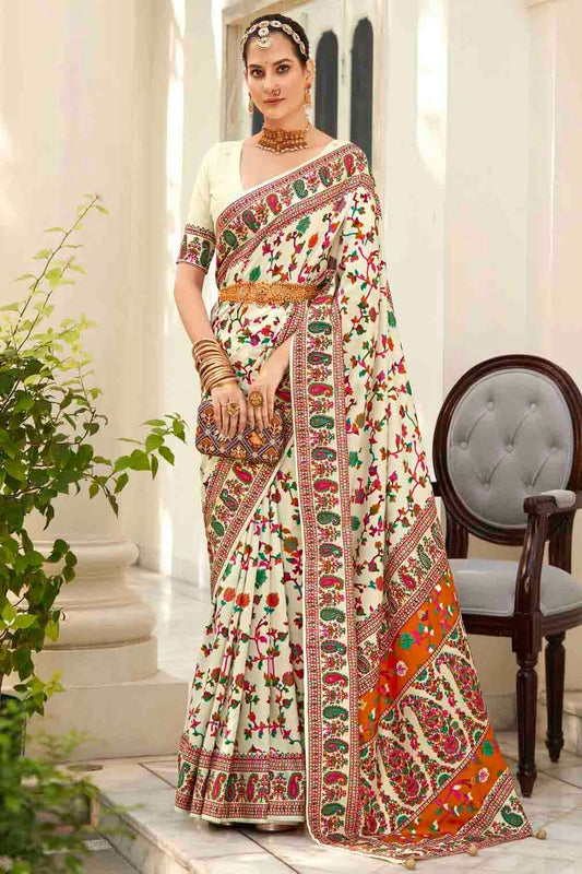 Off White Velvet Tussar Silk Floral Printed Traditional Sarees  NCSD11110257