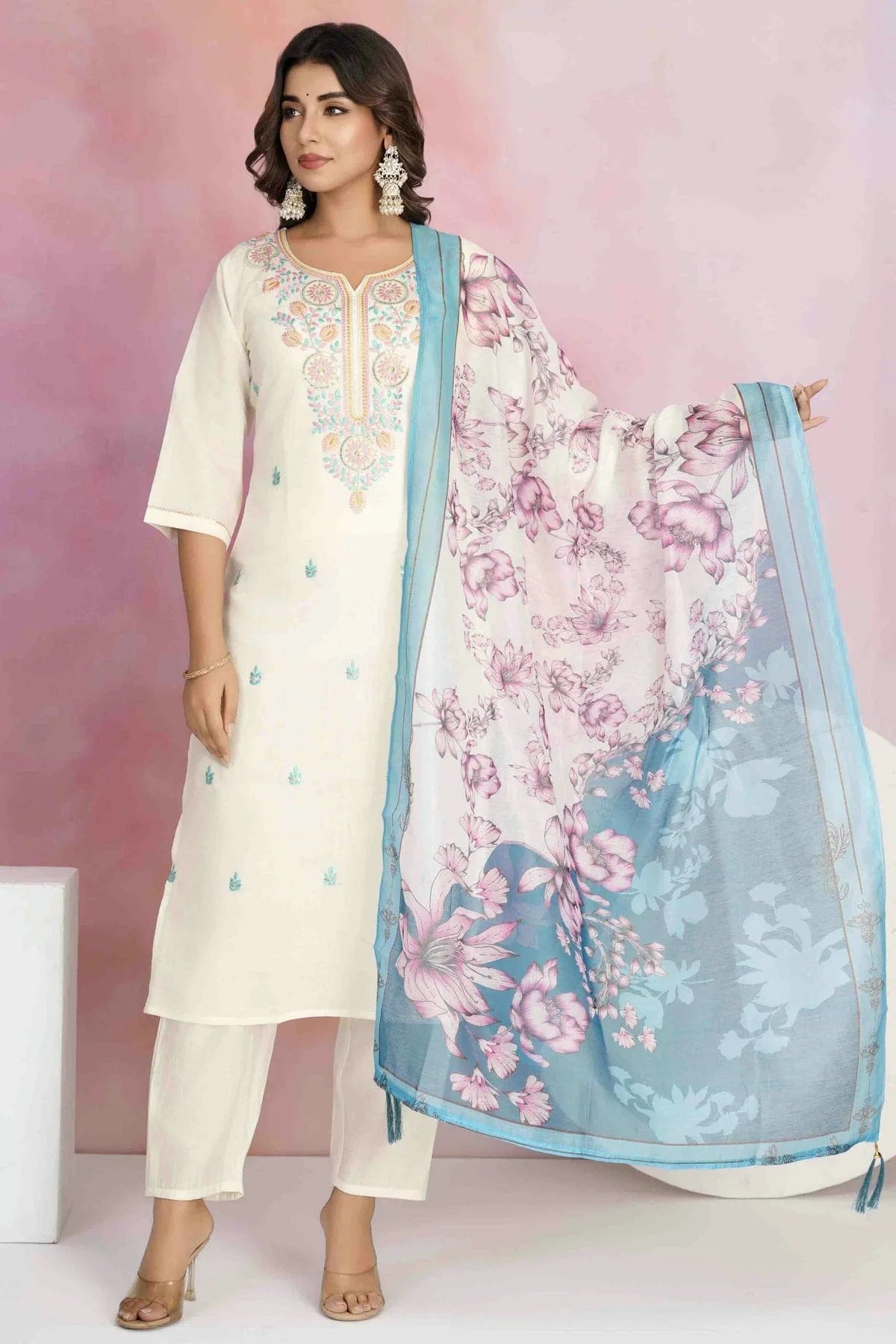 Off White Viscose Chanderi Stitched Pant Style Suit NCSS11110193