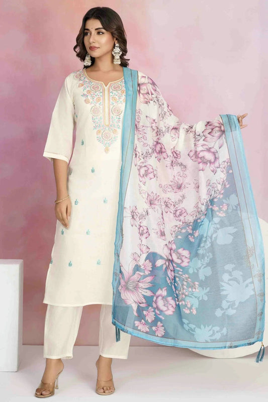 Off White Viscose Chanderi Stitched Pant Style Suit NCSS11110193