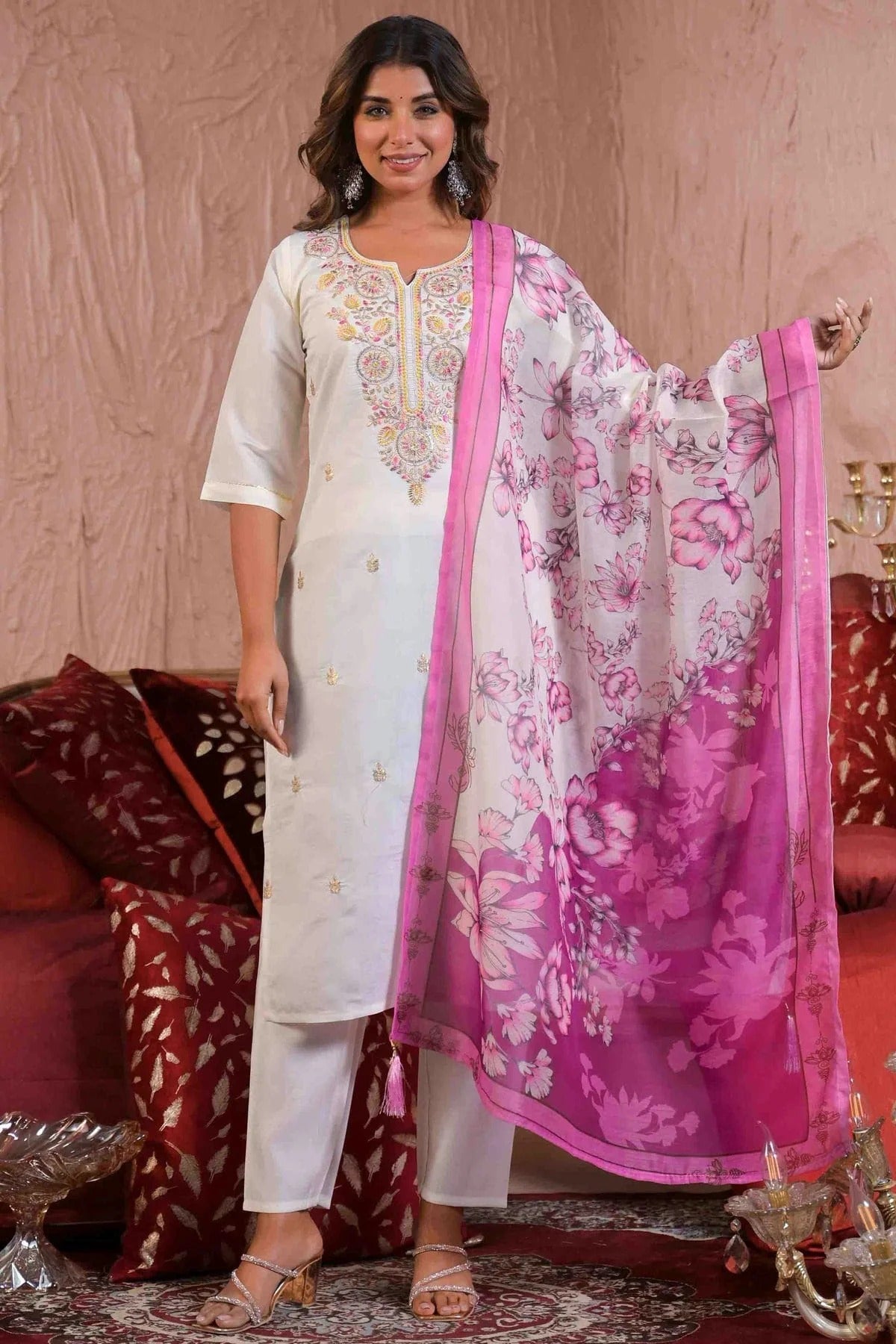 Off White Viscose Chanderi Stitched Pant Style Suit NCSS11110194