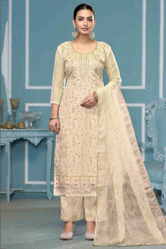 Off White Viscose Organza Pant Style Suit NCSM11110735