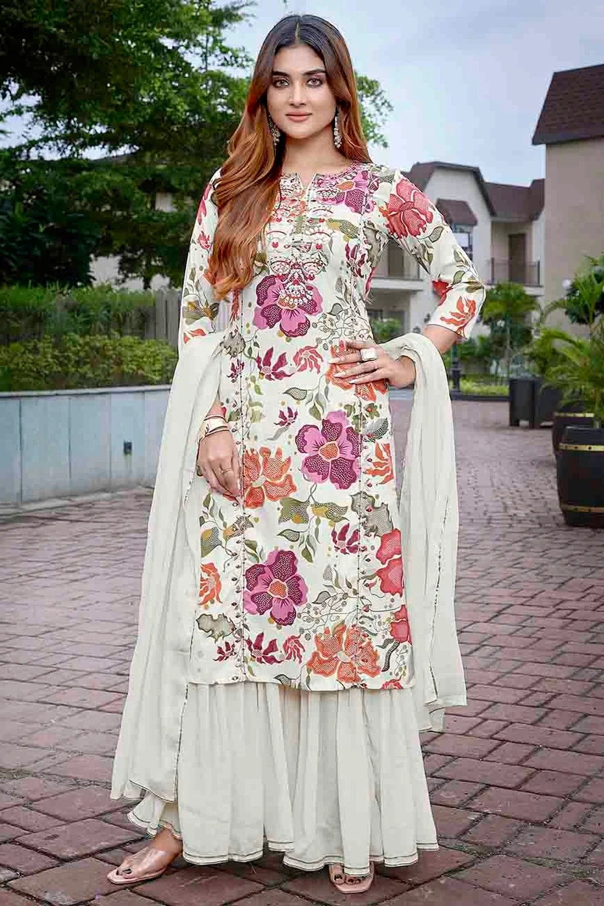 Off White Viscose Printed and Embroidery Sharara Suit NCSS11110344