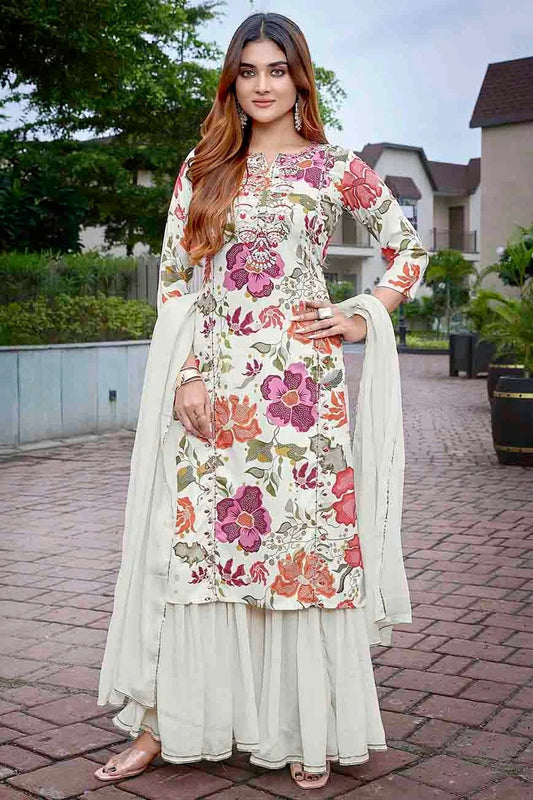 Off White Viscose Printed and Embroidery Sharara Suit NCSS11110344