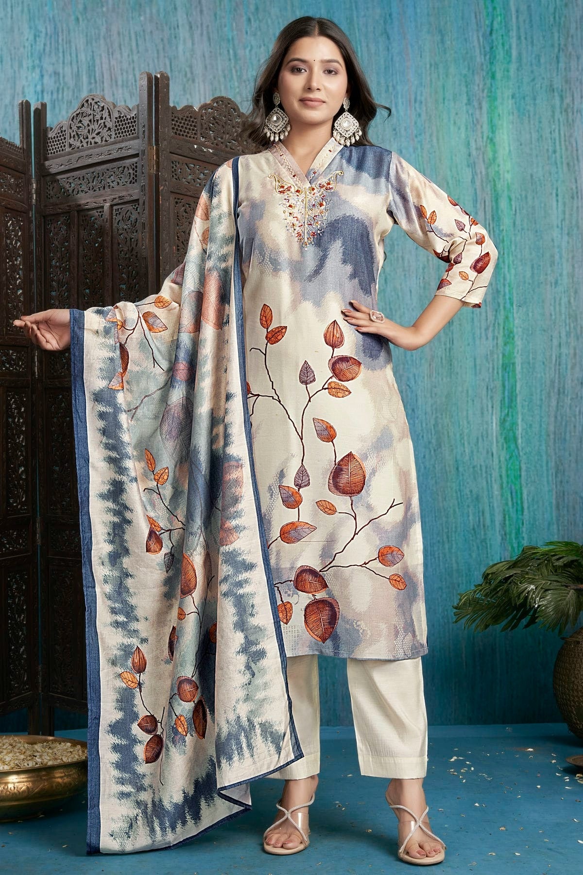 Off White Viscose Silk Stitched Suit NCSS11111417