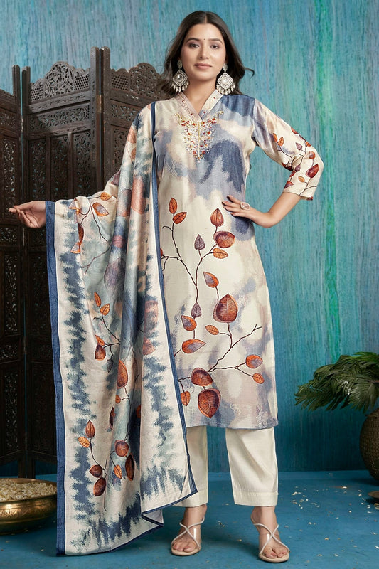 Off White Viscose Silk Stitched Suit NCSS11111417