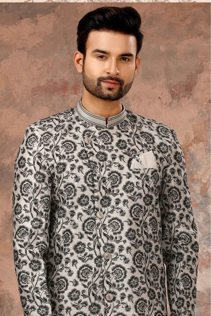 Off White and Black Jacquard Digital Print Sherwani NCSH10410424