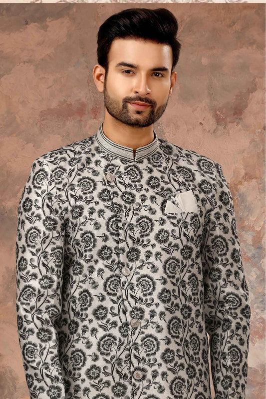 Off White and Black Jacquard Digital Print Sherwani NCSH10410424