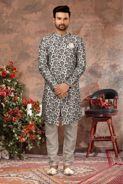 Off White and Black Jacquard Digital Print Sherwani NCSH10410424
