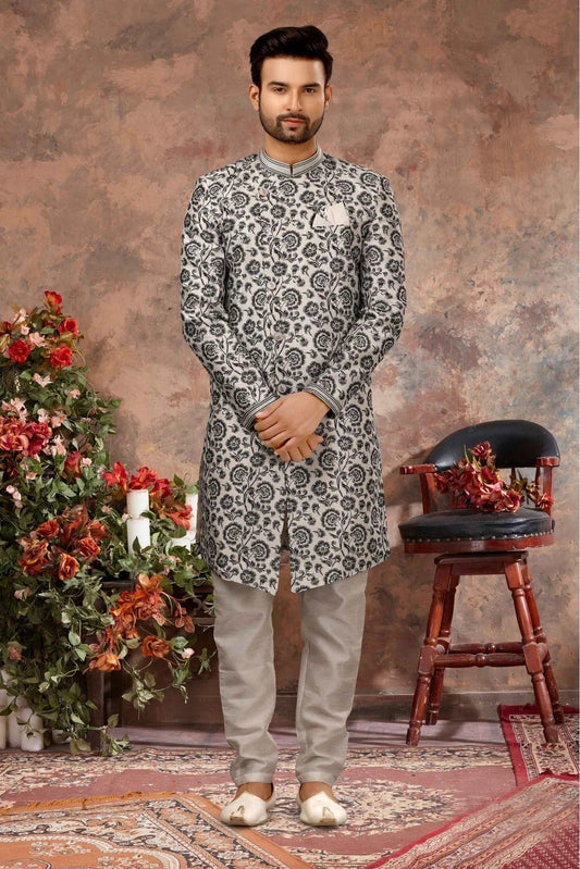 Off White and Black Jacquard Digital Print Sherwani NCSH10410424