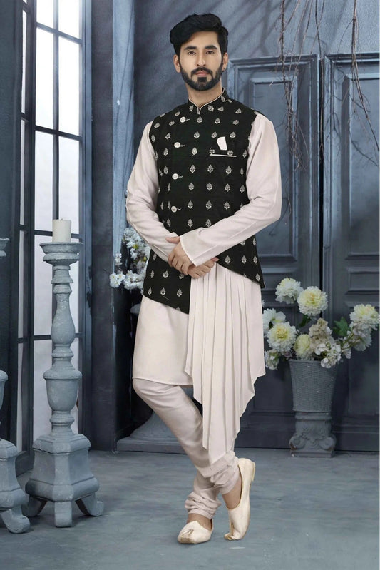 Off White and Black Kurta PajamaWith Jacket In Silk Dupion NCKP10410729
