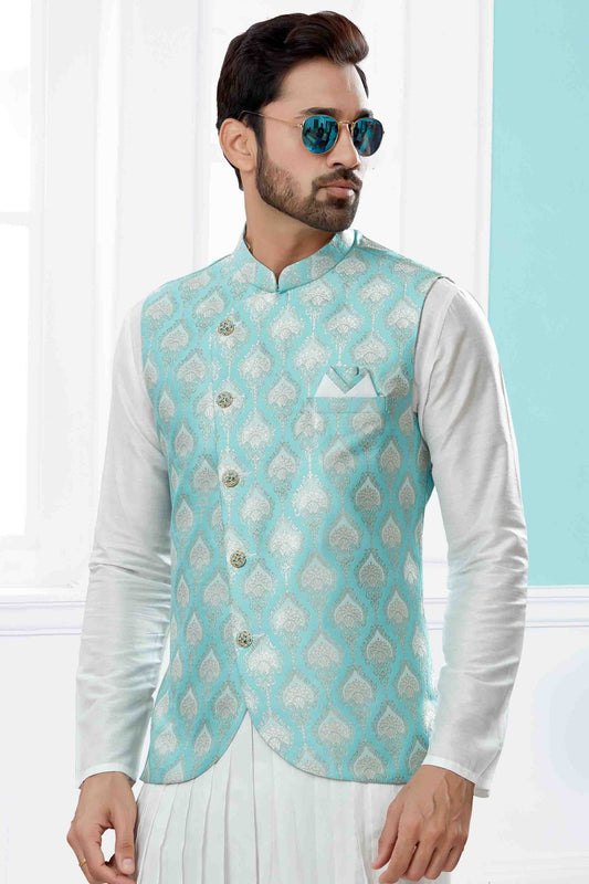 Off White and Blue Indo Western In Silk Dupion  NCSH10410550
