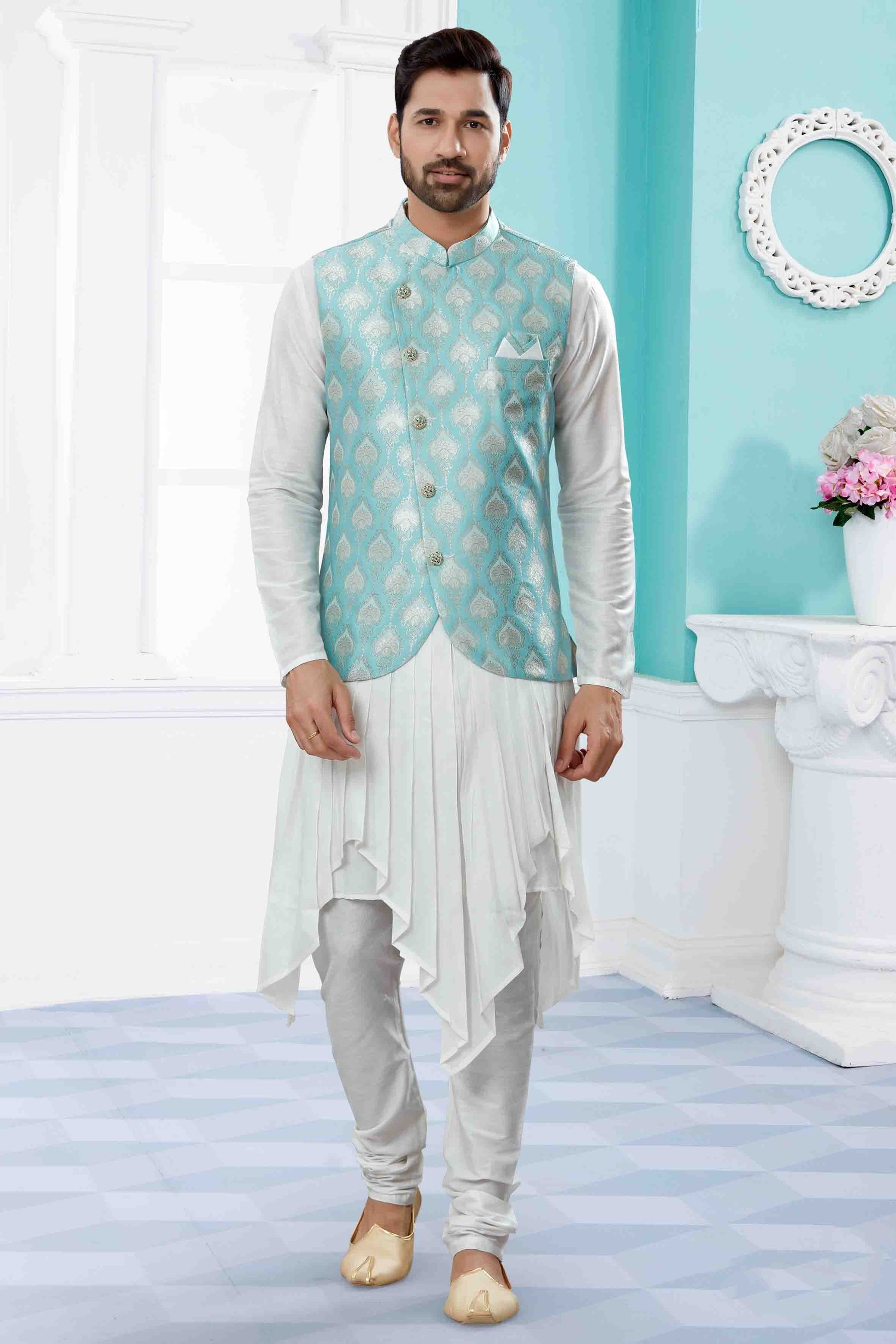 Off White and Blue Indo Western In Silk Dupion NCSH10410550