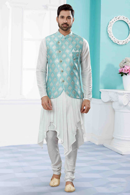 Off White and Blue Indo Western In Silk Dupion NCSH10410550