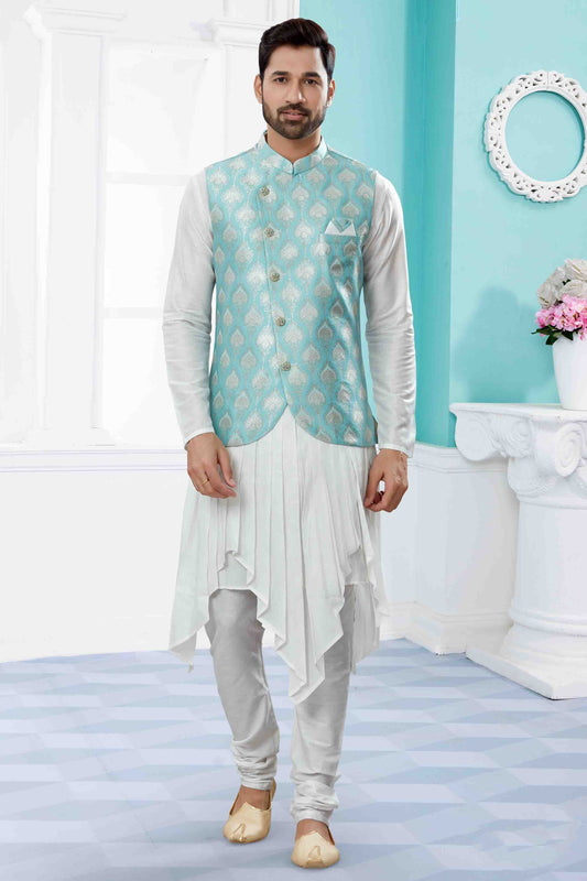 Off White and Blue Indo Western In Silk Dupion NCSH10410550
