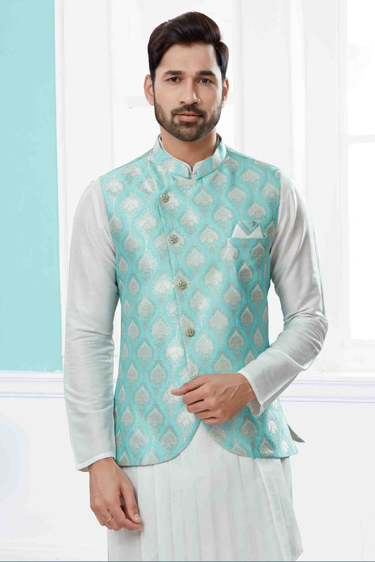 Off White and Blue Indo Western In Silk Dupion  NCSH10410552