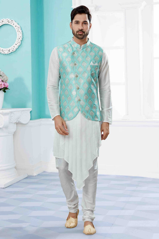 Off White and Blue Indo Western In Silk Dupion NCSH10410552