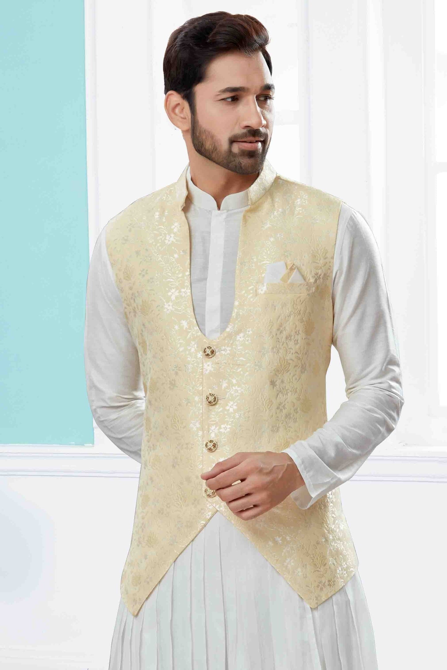 Off White and Cream Indo Western In Silk Dupion  NCSH10410554