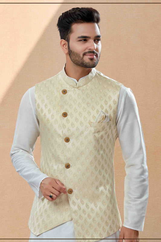 Off White and Cream Kurta PajamaWith Jacket In Silk Dupion  NCKP10410742
