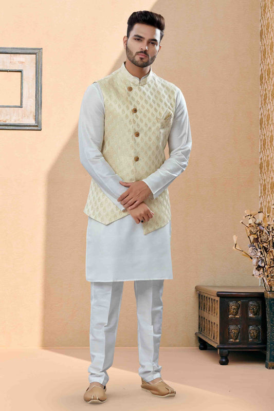 Off White and Cream Kurta PajamaWith Jacket In Silk Dupion NCKP10410742