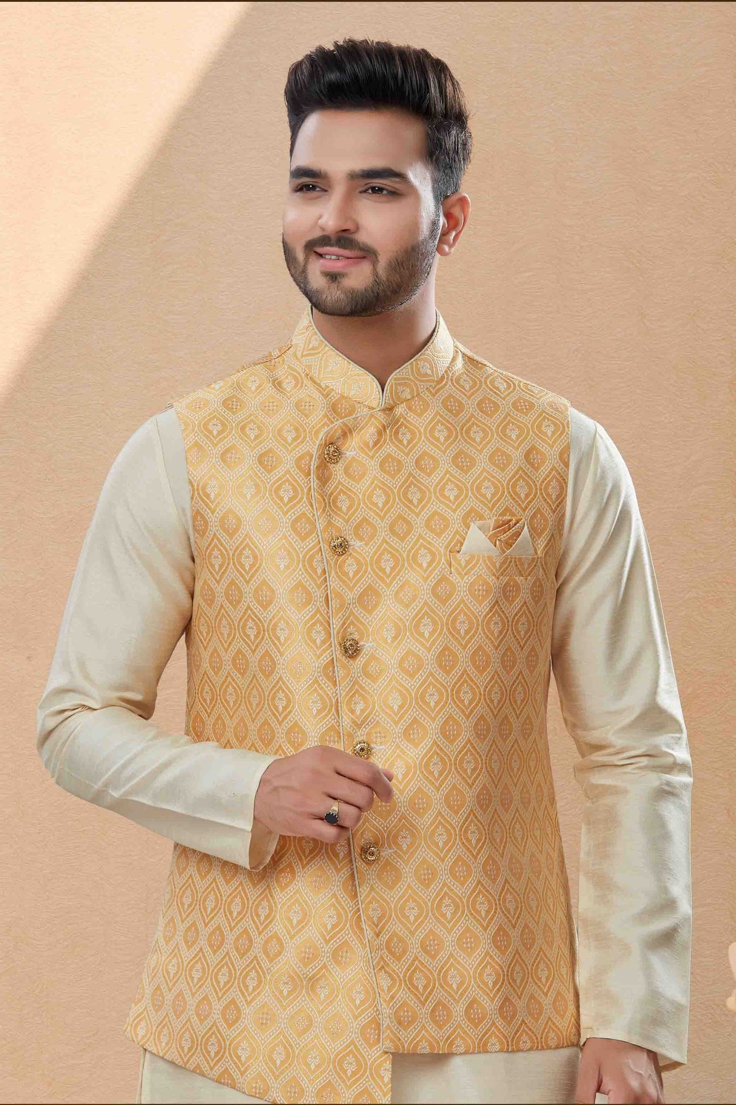 Off White and Cream Kurta PajamaWith Jacket In Silk Dupion  NCKP10410752