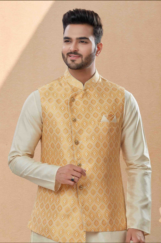 Off White and Cream Kurta PajamaWith Jacket In Silk Dupion  NCKP10410752