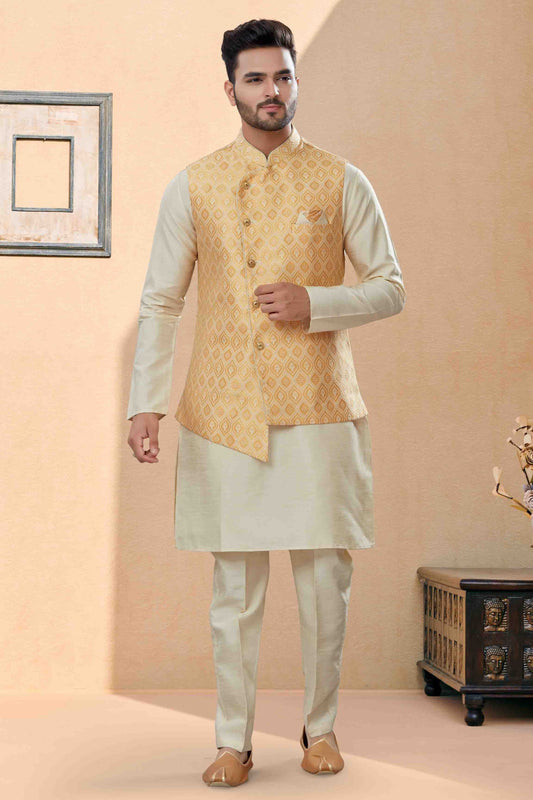 Off White and Cream Kurta PajamaWith Jacket In Silk Dupion NCKP10410752