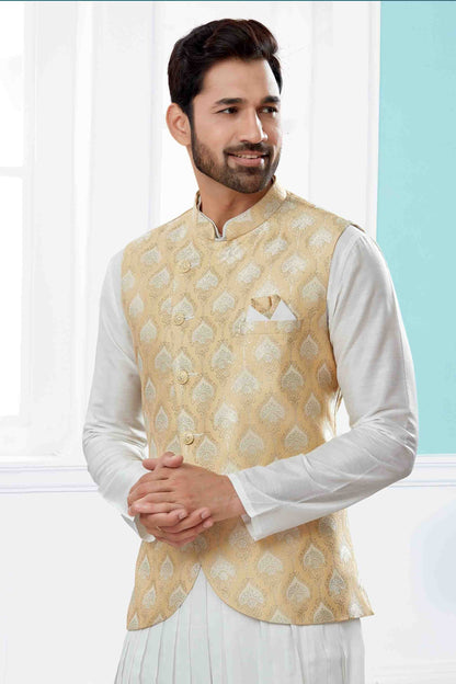 Off White and Gold Indo Western In Silk Dupion  NCSH10410548