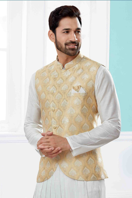 Off White and Gold Indo Western In Silk Dupion  NCSH10410548