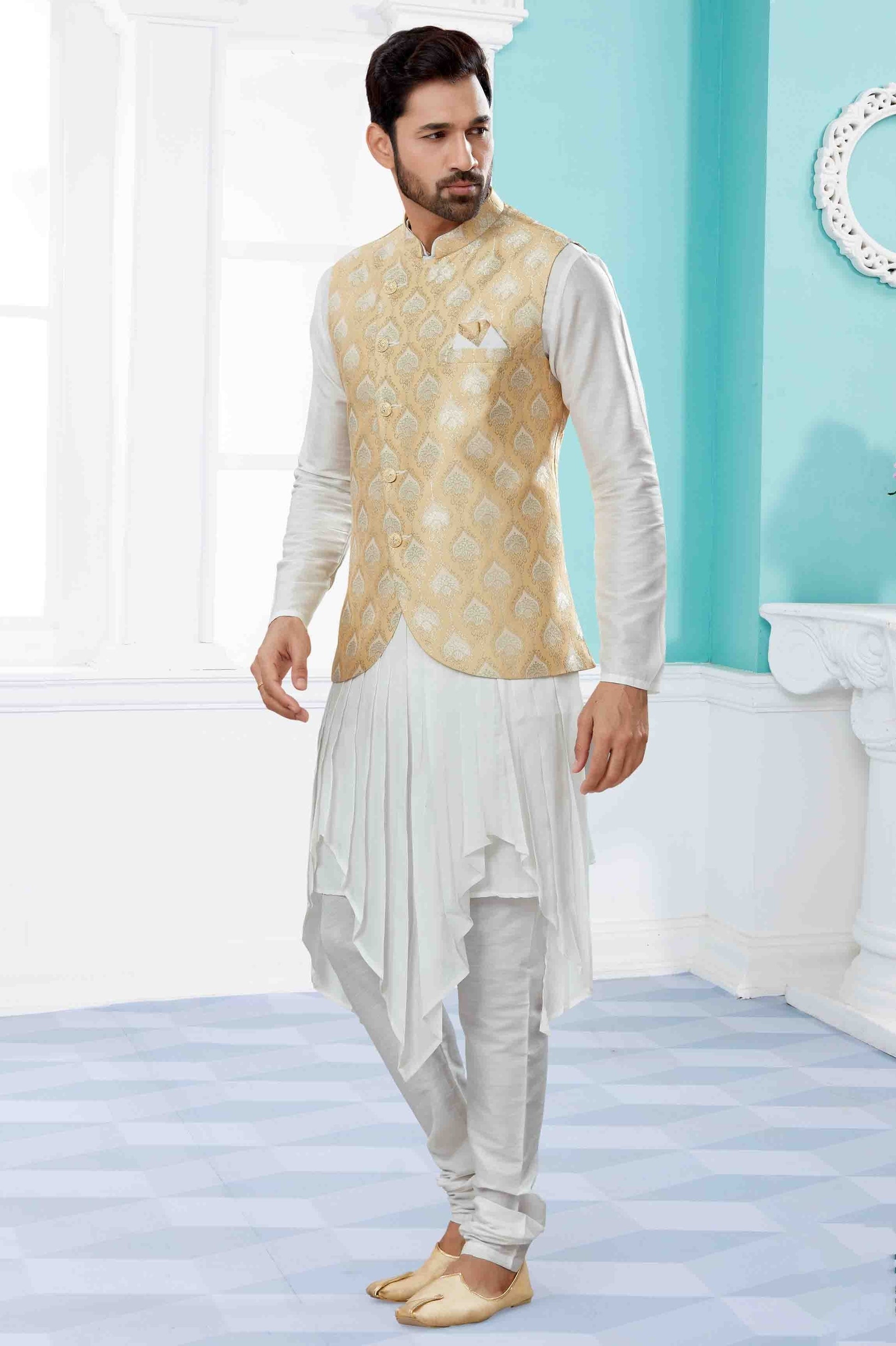 Off White and Gold Indo Western In Silk Dupion NCSH10410548
