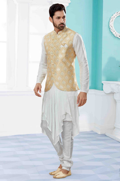 Off White and Gold Indo Western In Silk Dupion NCSH10410548