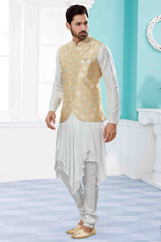 Off White and Gold Indo Western In Silk Dupion NCSH10410548