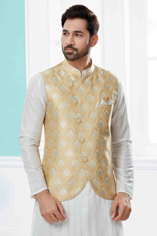 Off White and Gold Indo Western In Silk Dupion  NCSH10410556
