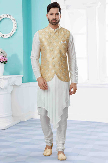Off White and Gold Indo Western In Silk Dupion NCSH10410556
