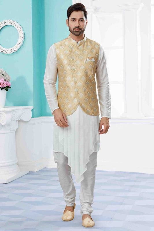 Off White and Gold Indo Western In Silk Dupion NCSH10410556