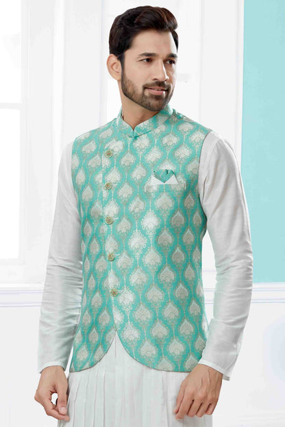 Off White and Green Indo Western In Silk Dupion  NCSH10410555