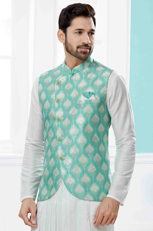 Off White and Green Indo Western In Silk Dupion  NCSH10410555