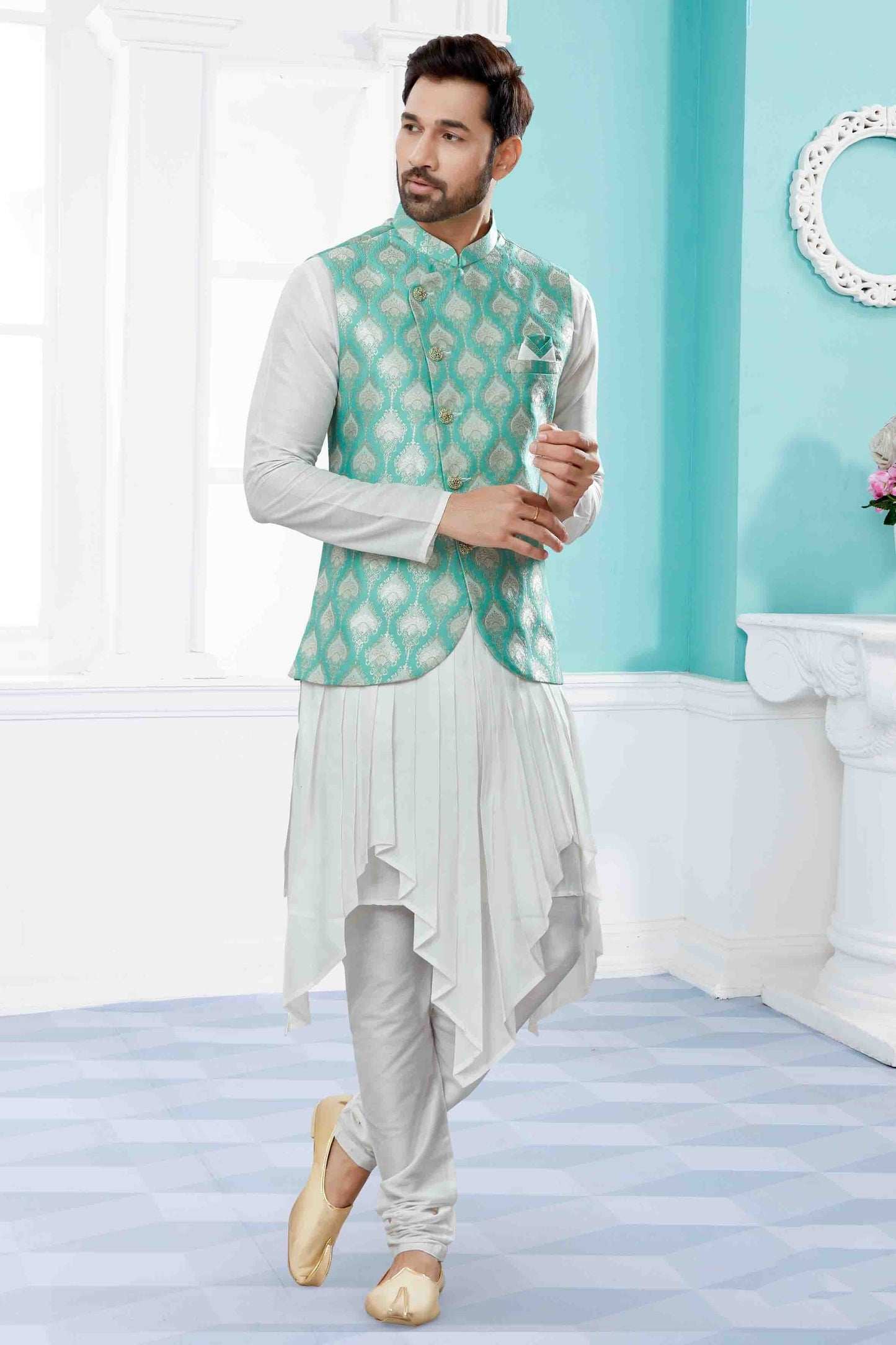 Off White and Green Indo Western In Silk Dupion NCSH10410555