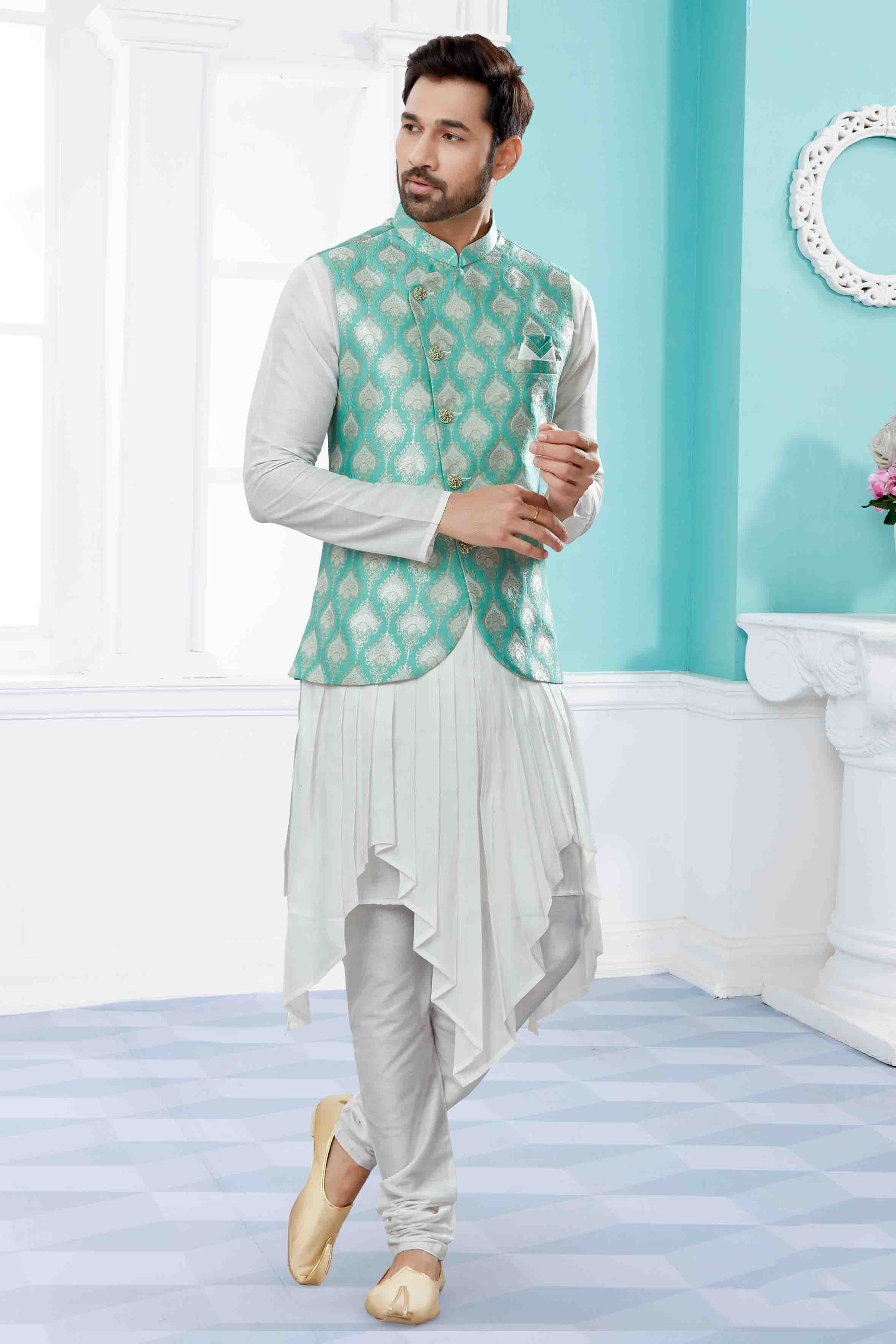 Off White and Green Indo Western In Silk Dupion NCSH10410555