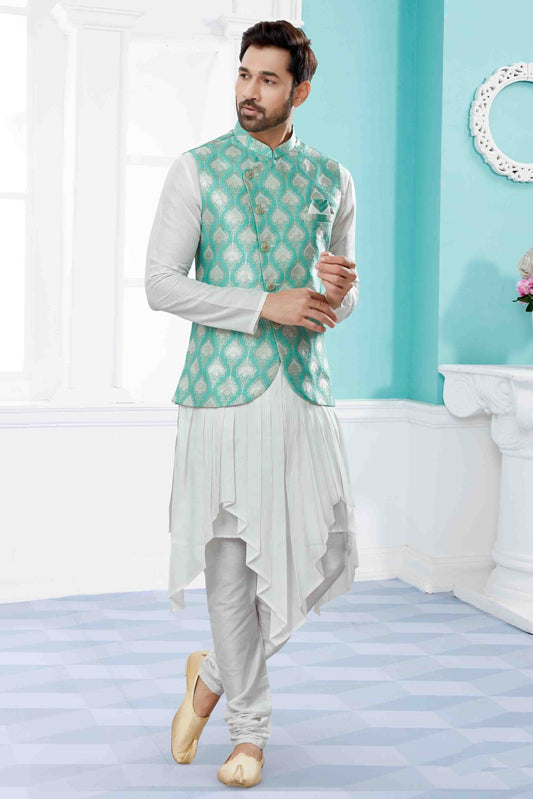 Off White and Green Indo Western In Silk Dupion NCSH10410555