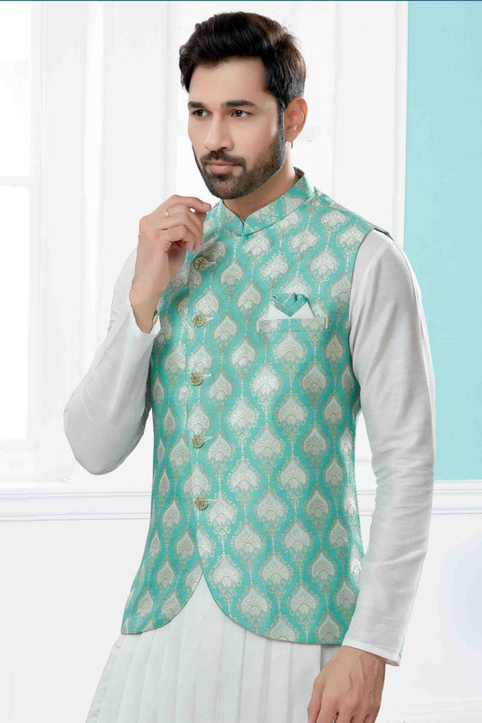Off White and Green Indo Western In Silk Dupion  NCSH10410557