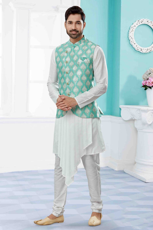 Off White and Green Indo Western In Silk Dupion NCSH10410557